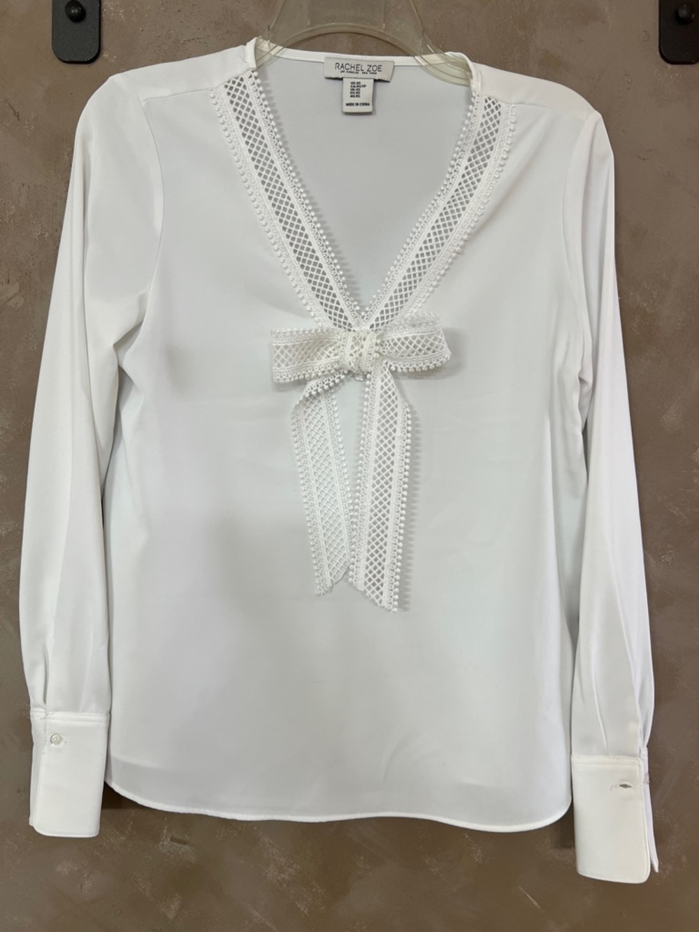 Rachel Zoe White Lace-Trim V-Neck Bow Front Blouse